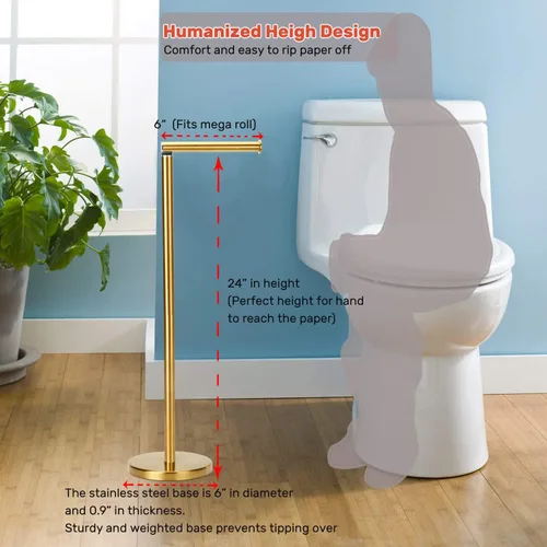 Vista 15 de Soporte de papel higiénico dorado, soporte de papel higiénico independiente con reserva para 4 rollos de repuesto, base resistente, estante