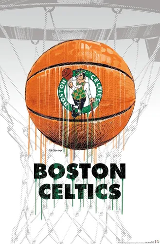 Vista 13 de Trends International NBA Boston Celtics - Póster de pared Drip Ball 20, 14.725 x 22.375 pulgadas, versión enmarcada de madera de granero Versión