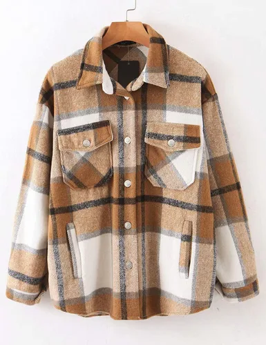Vista 2 de Tanming - Chaquetas de franela cepillada para mujer, a cuadros, con botones, solapas y bolsillos, camisa tipo chaqueta