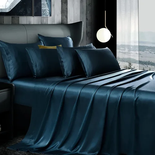 Vista 11 de Manyshofu Juego de sábanas de satén negro de 7 piezas, ropa de cama lujosa y suave de satén, 1 sábana bajera, 1 sábana encimera, 4 fundas