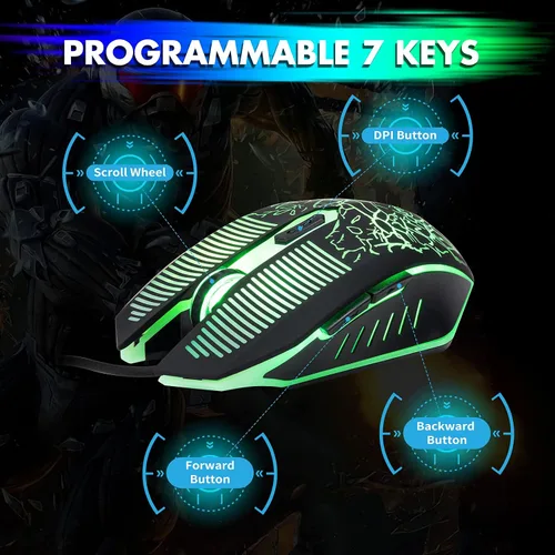 Vista 9 de CHONCHOW Teclado y mouse para juegos con retroiluminación LED USB con iluminación de 104 teclas 3600DPI 2 botones laterales Teclado de mouse