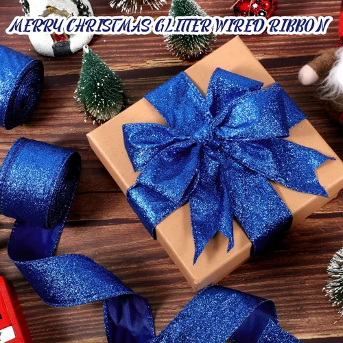 Vista 6 de 2 Rollos 20 Yardas Cinta de Navidad con Alambre Cinta Gruesa con Purpurina Cinta Metálica con Alambre para Envolver Regalos Cinta de Árbol