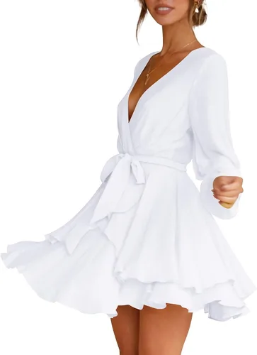 Vista 2 de Cosonsen - Vestido corto de mujer con cuello en V profundo, manga larga, cintura con volados, vestido skater