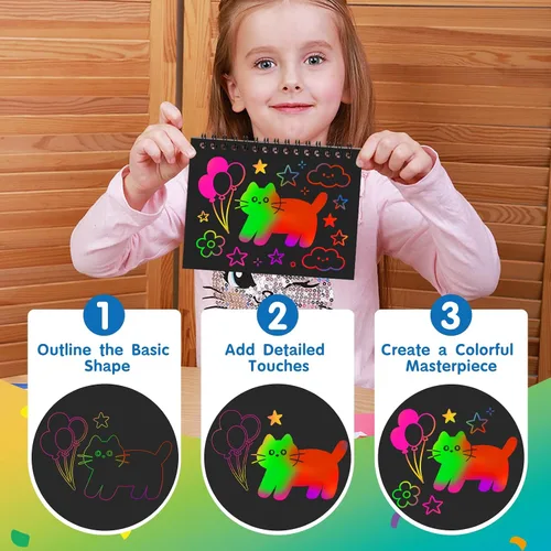 Vista 5 de YSCare Artículos de Fiesta de Arte de Rascar para Niños: 16 Pack Cuaderno de Arte de Rascar Arcoíris, Kit de Manualidades y Artesanías, Bolsas