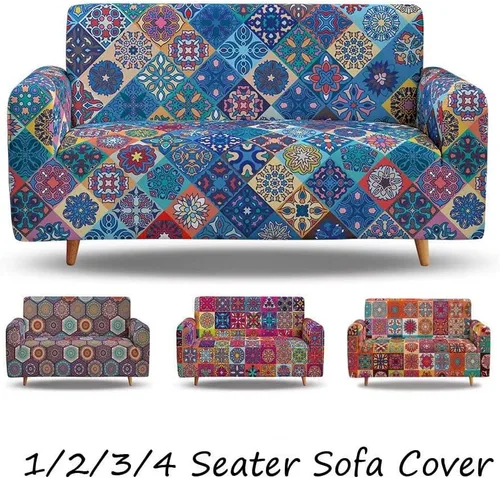Vista 4 de Funda elástica para sofá con estampado bohemio, funda elástica para sofá floral con mandala, protector universal de muebles para sillón