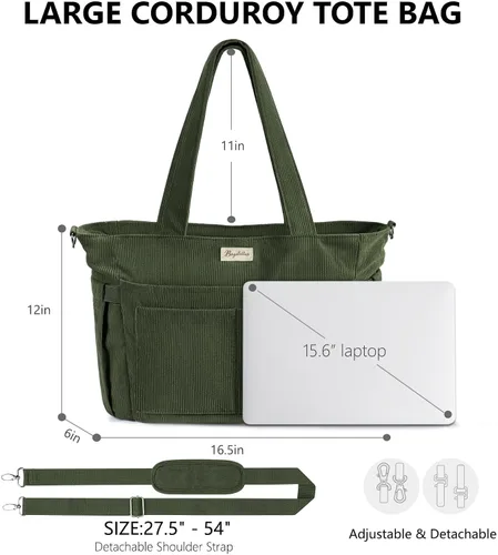 Vista 2 de Bolsa tote de pana para mujeres, 17 bolsillos para laptop de trabajo, ligera, para maestras, enfermeras, bolsa de hombro bíblica para escuela