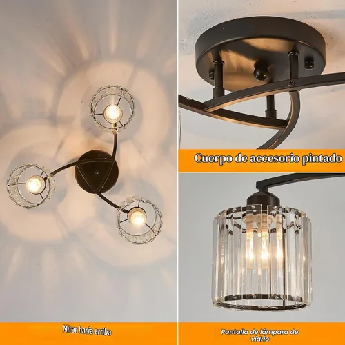 Vista 4 de Candelabro de cristal negro, lámpara de techo de 3 luces, accesorio de iluminación moderno para sala de estar, comedor, dormitorio