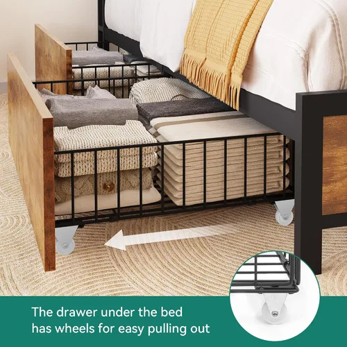 Vista 5 de YITAHOME Base de cama tamaño King con cabecera de almacenamiento, cama de plataforma con 4 cajones, marco de cama LED con puertos USB y salidas