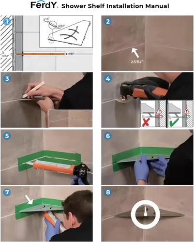 Vista 5 de FerdY Paquete de 2 estantes esquineros empotrados de níquel cepillado de 10 pulgadas, para paredes de baño con azulejos, estante de ducha flotante