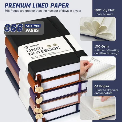 Vista 2 de Winkooy Cuaderno rayado, 366 páginas, 100 g/m² cuadernos con tapa dura de cuero para escribir, cuaderno clásico rayado A5 grueso para la universidad