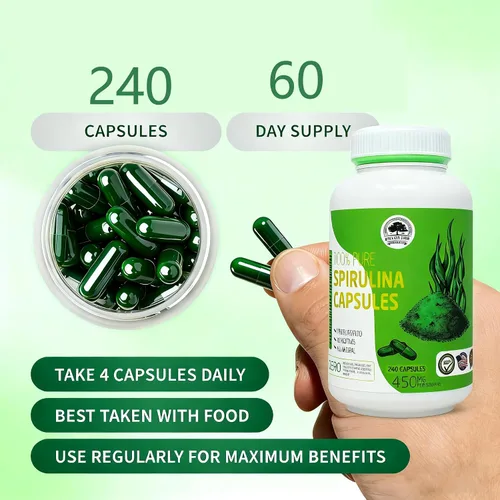 Vista 3 de Cápsulas de espirulina 240 cápsulas, alimentos saludables, 100% vegetarianos,Espirulina hawaiana pura 450 mg, apoya el sistema inmunológico
