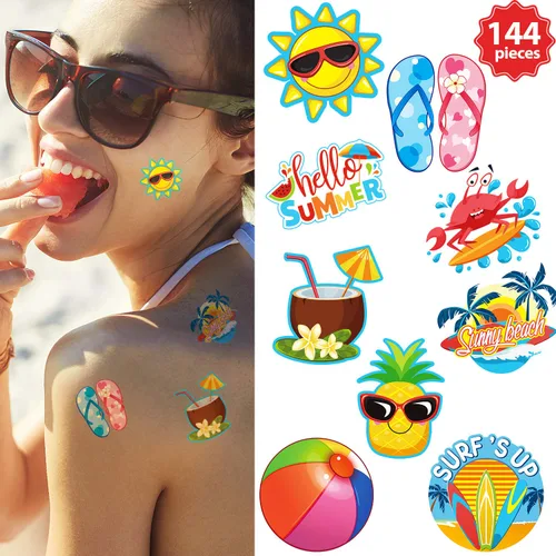 Vista 7 de Patelai 144 tatuajes temporales de verano, tatuajes de playa, hawaianos Luau, regalos de fiesta, calcomanías tropicales impermeables Hola verano
