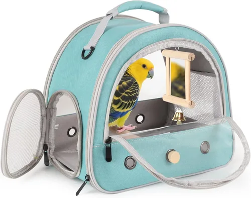 Vista 17 de Jaula portátil de viaje para loros con juguete pequeño oscilante y jaula de juguetes coloridos, bolsa de periquito para pájaros pequeños con bolsa