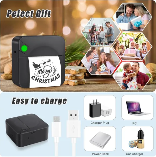 Vista 2 de Zeacool - Mini impresora de adhesivos, mini impresora térmica de bolsillo con 11 rollos de papel, impresora inalámbrica sin tinta Bluetooth