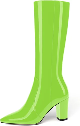 Vista 86 de AMBELIGHT Botas altas hasta la rodilla con cremallera y puntera puntiaguda para mujer, de patente sólida, tacón alto, 3.3 pulgadas