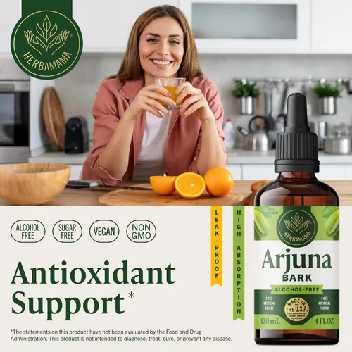 Vista 2 de HERBAMAMA Arjuna Tincture - Soporte antioxidante vegano con gotas de extracto de corteza de Arjuna Terminalia - Suplemento líquido sin OMG, sin