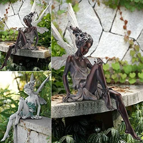 Vista 6 de EKDJKK Estatua de hada sentada para jardín, adorno de resina, manualidades, paisajismo, patio, decoración de parque, césped, hogar, patio, jardín