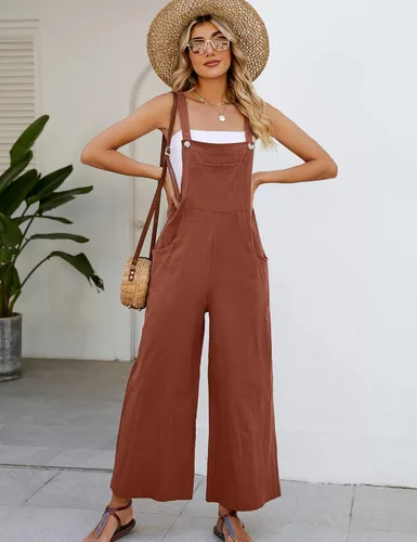 Vista 3 de COZYPOIN Overol con pechera de algodón para mujer, pierna ancha, ajuste holgado, holgado, a la moda, sin mangas