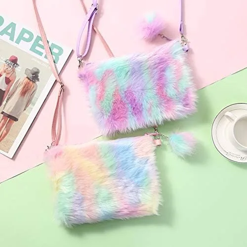 Vista 6 de Bolso esponjoso de peluche para mujer, niña, color arcoíris