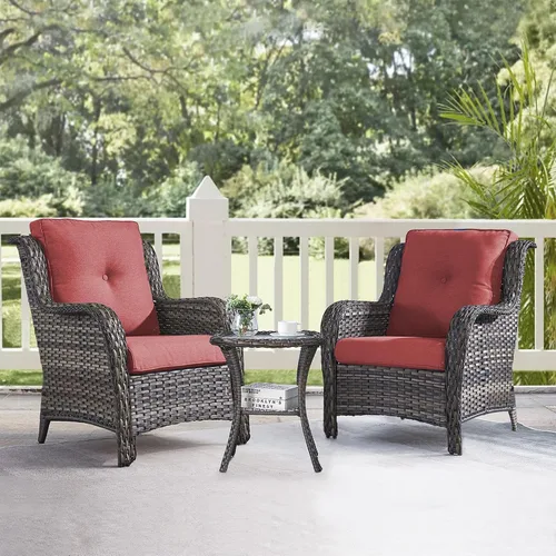 Vista 50 de HUMMUH Juego de 2 sillas de mimbre para patio, sillas de comedor de ratán de polietileno para exteriores, con cojines de asiento de 4 pulgadas