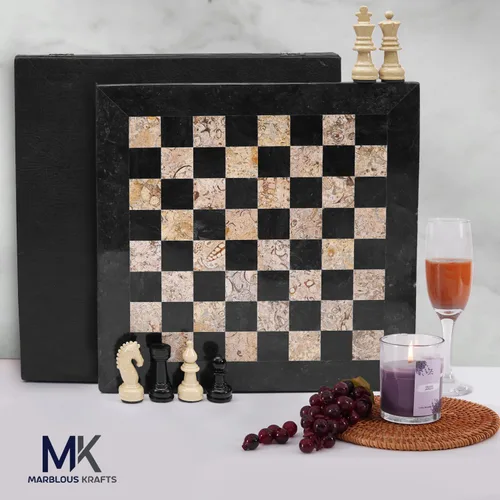 Vista 2 de Marblous Krafts - Juego de ajedrez de mármol con estuche de 15 pulgadas, hecho a mano, negro y coral, tablero de ajedrez decorativo de lujo, de 32