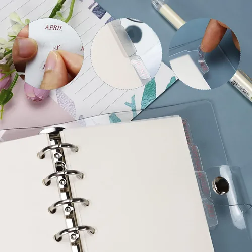 Vista 4 de Separadores de Plástico A7 Transparentes y Resistentes, Separadores de Carpeta de 6 Anillas con Pestañas, Insertos para Planificador Personal