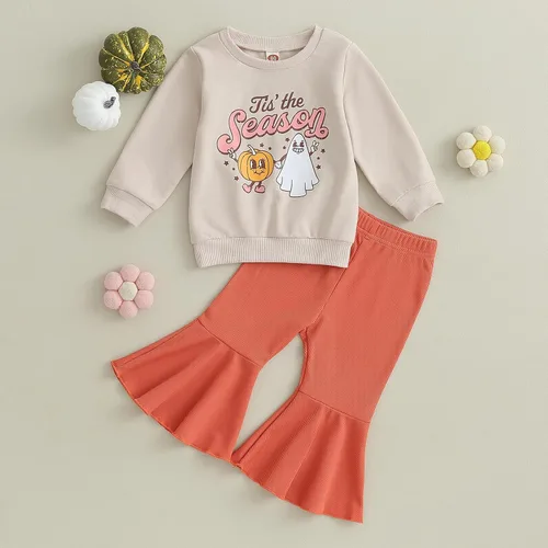 Vista 2 de Traje de Halloween para bebé niña, manga larga, cuello redondo, letras de fantasma, parte superior con estampado de fantasma, parte inferior