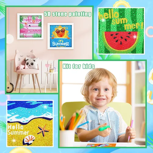 Vista 7 de Charniol Juego de 9 piezas de pintura de diamantes de verano, flamenco, piña, sandía, taladro redondo completo, hecho a mano, taladro cuadrado