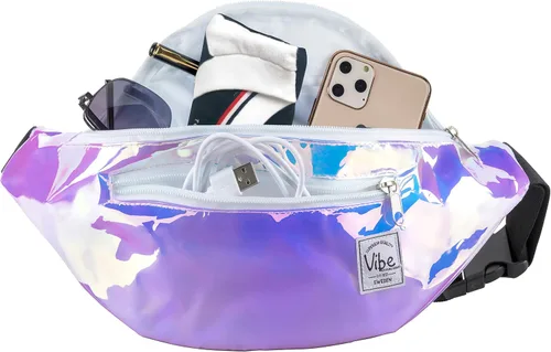 Vista 4 de Riñonera Vibe Festival Gear para hombre y mujer, muchos estampados, negro holográfico, plateado, dorado, bonita riñonera para festival rave