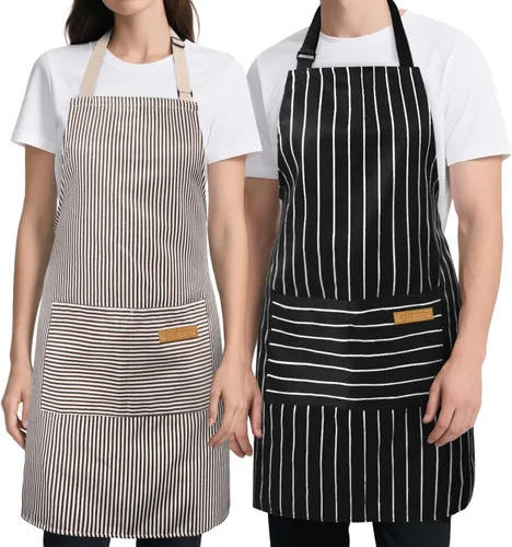 Vista 12 de Cardkiss Paquete de 2 Delantales de Cocina, Delantales Suaves para Mujeres y Hombres con 2 Bolsillos, Delantal de Chef con Correa Ajustable