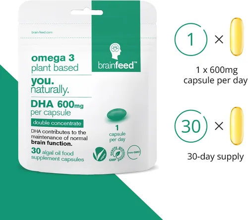 Vista 3 de DHA vegano 600mg Salud cerebral y ocular (30) 1-A-Day 1000mg de algas