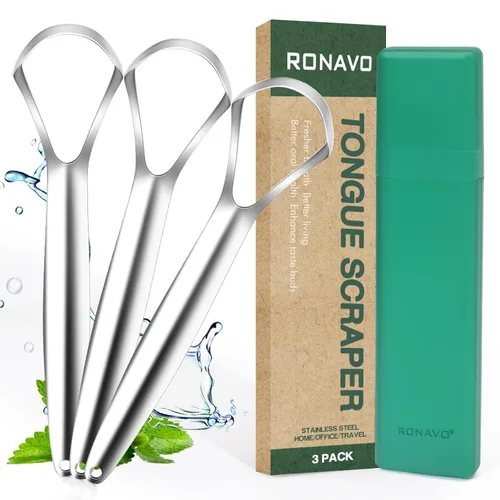 Vista 10 de RONAVO Raspador de lengua para adultos (4 unidades), raspador de lengua de metal resistente al óxido (fundas de viaje incluidas) reduce el mal