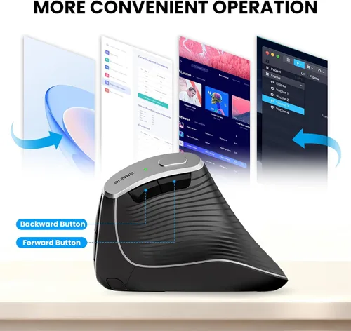 Vista 4 de Ratón óptico ergonómico vertical inalámbrico 2.4G Bluetooth Ratón vertical inalámbrico 4 ajustable 1000/1600/2400/3200 DPI Ratón inalámbrico Negro