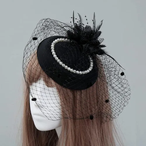 Vista 2 de NYTAZAJIX Tocado con plumas y flores, sombrero de pastillero de los años 50, velo de cóctel, fiesta de té, boda, con clips para mujer