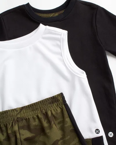 Vista 2 de RBX Conjunto de pantalones cortos activos para bebé niño, camiseta de manga corta, camiseta sin mangas y pantalones cortos de rendimiento (niño)