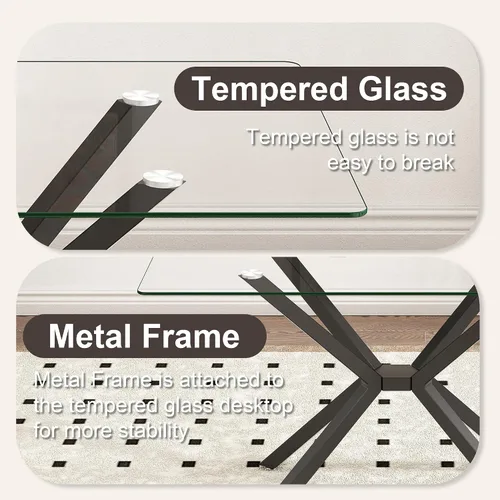 Vista 6 de Mesa de Comedor Moderna de Vidrio Templado Mesa de Cena, Mesa de Cocina Rectangular con Patas de Metal Resistentes, Diseño Minimalista
