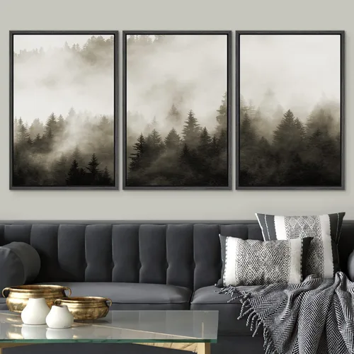 Vista 2 de SIGNWIN Lienzo enmarcado para pared, juego de decoración de guardería de bosques, niebla y niebla sobre bosque de montaña oscura, naturaleza, arte