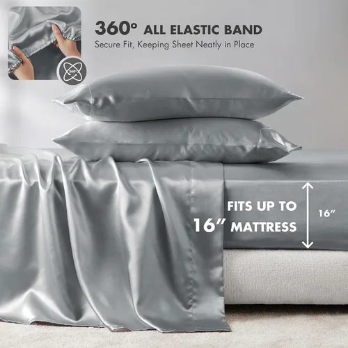 Vista 160 de Madison Park Essentials - Juego de sábanas de satén de lujo y sedoso con brillo natural, bolsillo elástico de 14 pulgadas para colchones de hasta 16
