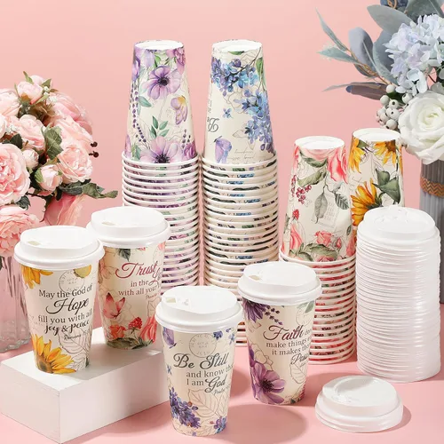 Vista 4 de Dandat 100 tazas de café desechables cristianas con tapas, tazas de papel de 16 onzas con texto en inglés "Floral Tea Scripture" a granel
