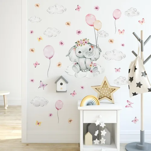 Vista 4 de Lindas calcomanías de pared de elefante rosa, calcomanías de pared de elefante rosa acuarela, calcomanía de pared de globo de acuarela, calcomanía