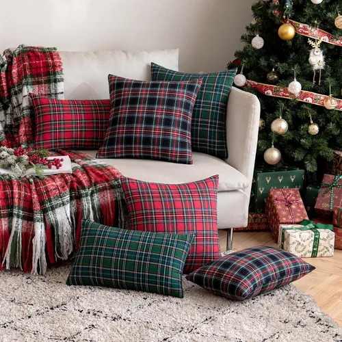 Vista 5 de EMEMA - Juego de 2 fundas para cojines decorativas de tartán rojo navideño escocés, para sofá, 16 x 16 pulgadas, estilo rústico de casa de campo