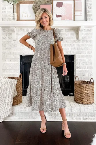 Vista 5 de PRETTYGARDEN Vestido bohemio casual de verano para mujer, con volantes, manga abombada, cintura alta, vestidos de playa por debajo de la rodilla