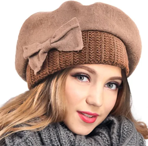 Vista 4 de VECRY - Gorro 100% de lana para mujer, boina de fieltro tipo campana, gorro de vestir para invierno
