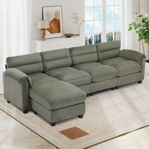 Vista 37 de HAOMARKETS Sofá esquinero modular en forma de L de 115 pulgadas con 2 otomanas móviles, sofás de pana de 8 plazas con cojín grueso para sala de Beige