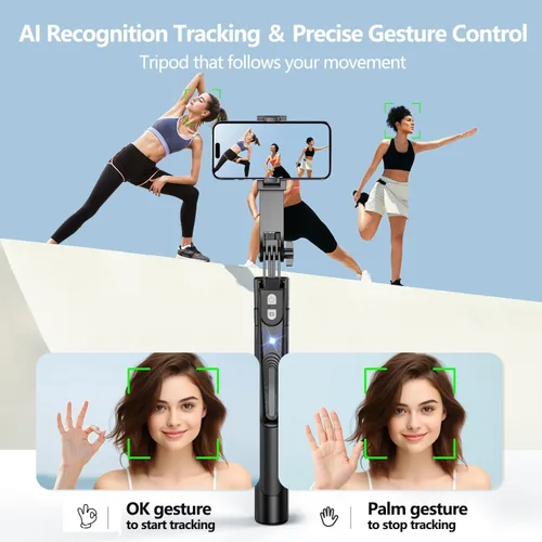 Vista 3 de Trípode de seguimiento facial automático con rotación de 360° con soporte, trípode de teléfono con sensor de movimiento de 70.9", sin aplicación