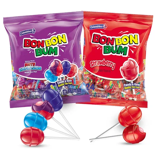 Vista 11 de Colombina Bon Bon Bum - Paletas con centro de chicle, sabor a explosión de bayas, paletas surtidas envueltas individualmente, golosinas