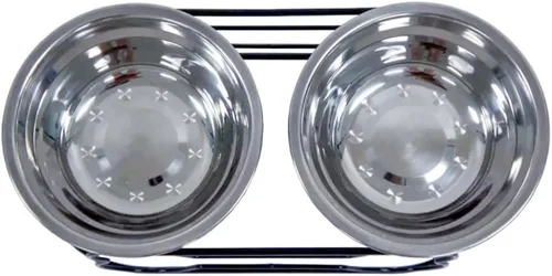 Vista 3 de YML Soporte de hierro forjado de 5 pulgadas con pequeño tazón de alimentador doble de acero inoxidable