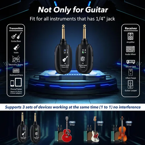 Vista 4 de Sistema de guitarra inalámbrico A8 UHF, 2 modos, batería recargable de litio, rango de 100 pies, Plug & Play para guitarra, bajo, violín, teclado