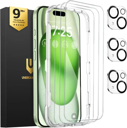 Vista 16 de UNBREAKcable Paquete de 3 protectores de pantalla para iPhone 15, 3 de vidrio templado + 3 protectores para lente de cámara, dureza 9H, claridad HD