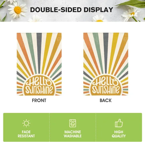 Vista 6 de AVOIN colorlife Bandera de jardín clásica de Hello Sunshine de 12 x 18 pulgadas, doble cara exterior, fiesta de verano, vacaciones, arpillera